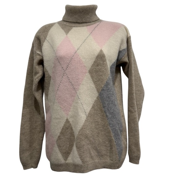 Vintage Sweaters - Vintage Lambswool Angora Blend Argyle Turtleneck Sweater S Funnel Neck